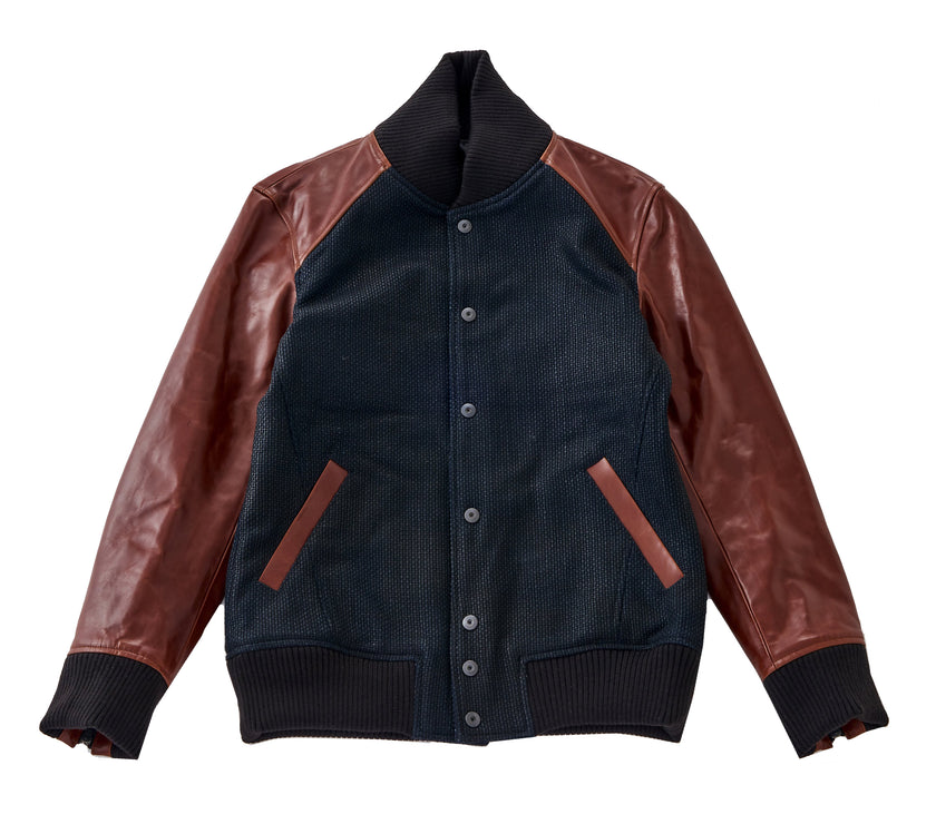 Go Blue! Sashiko Varsity Jacket - Burgundy/Blackened Indigo